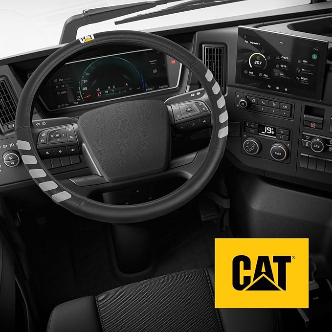 Caterpillar 18" Steering Wheel Cover for Semi Trucks - Black with Grey Trim, Synthetic Leather, Odorless and Durable for All Seasons - Bundle with Air Freshener