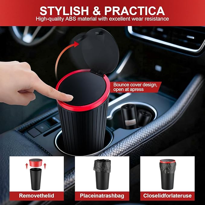 SINGARO Car Trash Can with Lid, Leakproof Mini Garbage Bin for Car Cup Holder, Small Trash Can for Vehicle, Home & Office - Includes 30 Bags, Easy Clean (Black-Red)