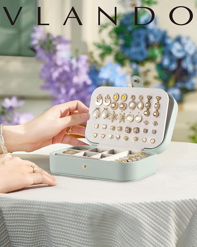 VLANDO Travel Jewelry Case for Women Girls Mothers, PU Leather Portable Small Jewelry Box for Rings, Necklaces, Bracelets, Ea