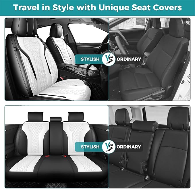 Leather Car Seat Covers Full Set, Breathable Faux Leather Seat Covers for Cars SUV Sedan Waterproof Blackwhite