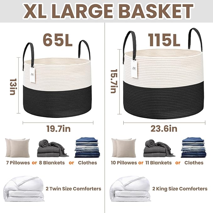 JMvicyroam 115L Extra Large Blanket Basket for Living Room - Woven Cotton Rope Laundry Hamper with Reinforced Handles - Stora