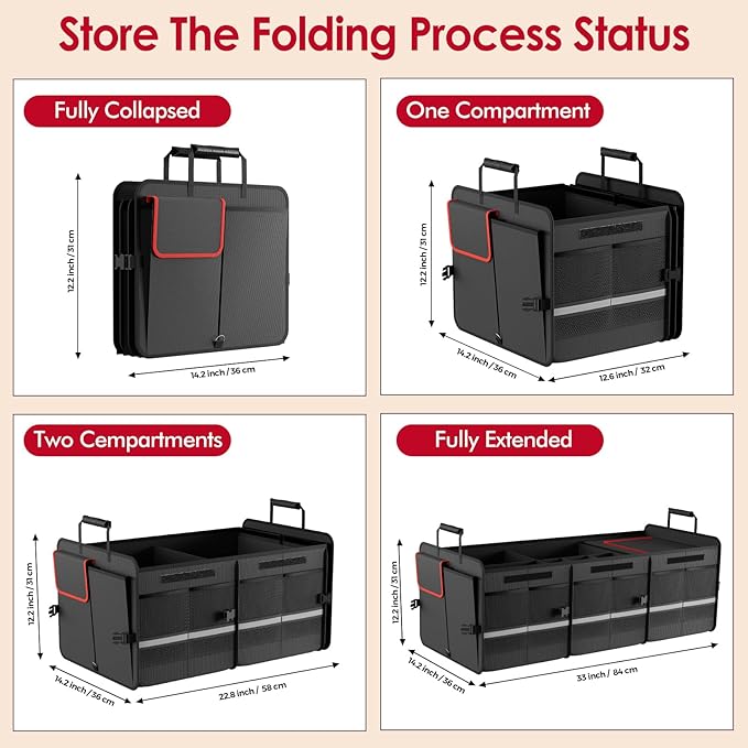 MEI&CO Car Trunk Organizer - 2.5mm PP Board Built, 35L Leakproof Cooler, 105L Capacity, 2 Tie-Down Straps, 4 Adjustable Divide