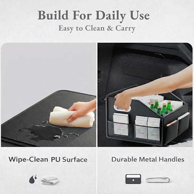 Car Storage Organizer - Compact PU Leather Bin for Trunk, Front Seat, Back Seat & Car Floor