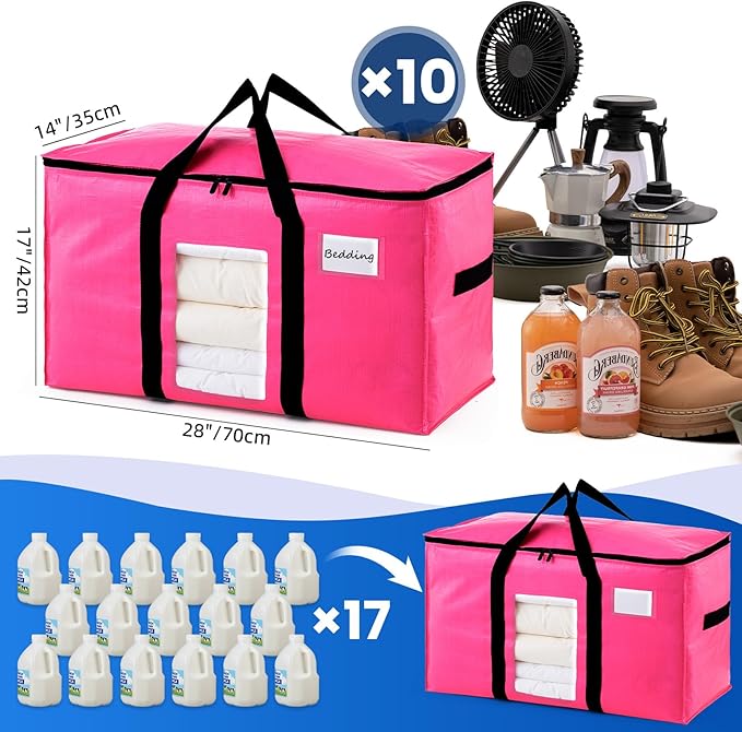 TAILI 10 Pack Pink Extra Large Moving Bags, Heavy Duty Totes with Visible Window, Wrap Around Handles, Ideal for Storage, Spa