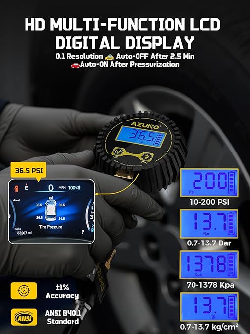 AZUNO Digital Tire Inflator with Pressure Gauge, 200 PSI (0.1 Res) w/LED Flashlight, Heavy Duty Air Compressor Accessories 7pcs Set, w/Lock on Air Dual Head Chuck and 90° Tire Valve
