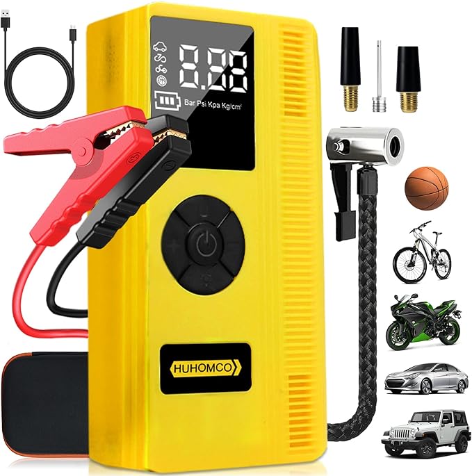 7-in-1 Car Jump Starter with Air Compressor, 3000A Portable 12V Power Pack, 150PSI Digital Tire Inflator for 9L Gas/7L
