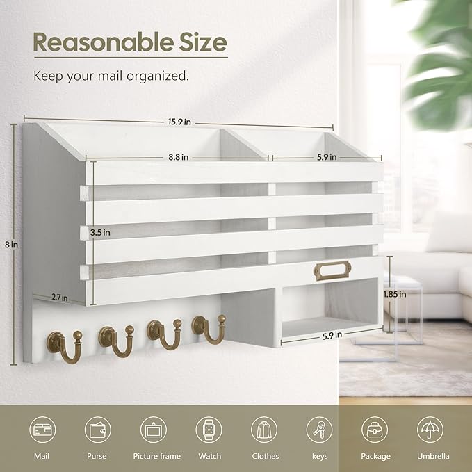 FifthQuarter Key Holder for Wall: Easy Mounted Key Rack and Mail Organizer with Store Shelf and Four Sturdy Keys Hooks Decor 