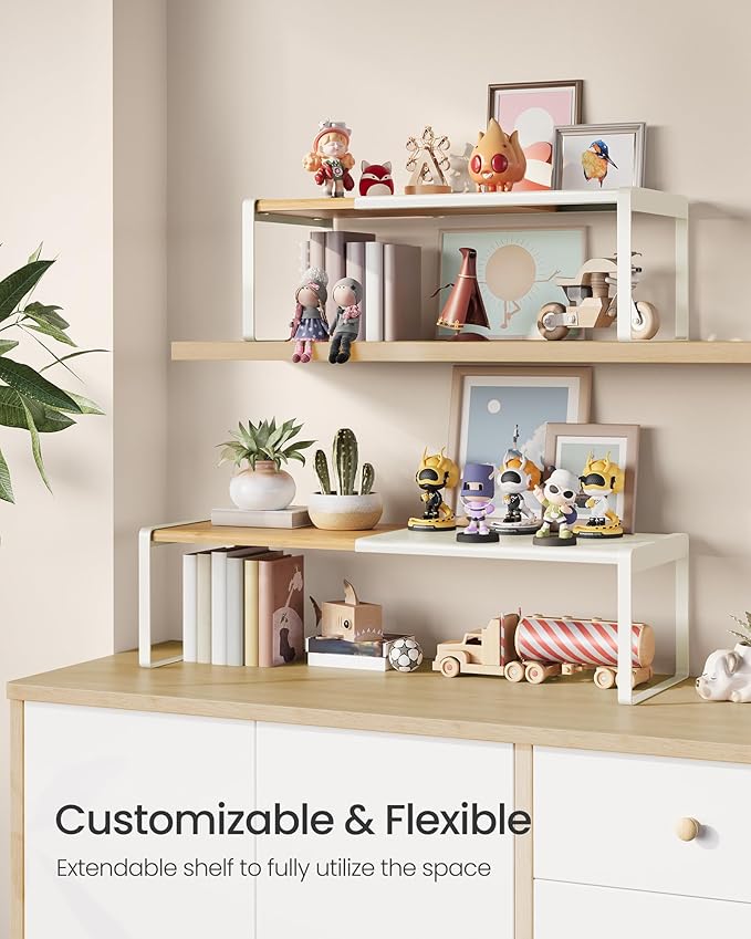SONGMICS HOME Spice Racks, Expandable Cupboard Shelf Orgnizers, Kitchen Counter Shelves, Bamboo and Metal, Space-Saving Shelv