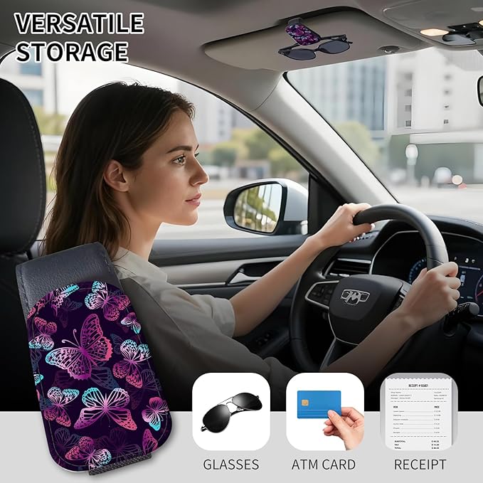 Sunglasses Holder for Car Visor, PU Leather Glasses Clip Organizer, Cute Magnetic Eyeglass Holder for Vehicle Sun Visor, Car Interior Accessory for Women & Men Neon Purple Butterflies