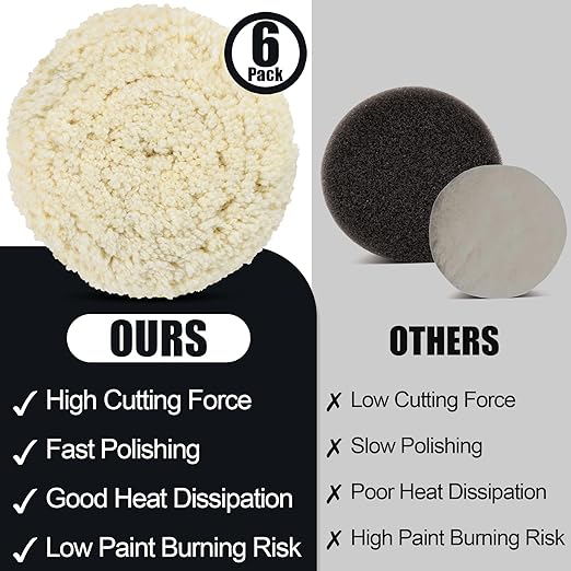 6 PCS Wool Buffing Polishing Pads - 7 Inch Natural Wool Cutting Pads with Hook and Loop Backing Compound & Polishing for Automotive Car Boats Glass Furniture Repair