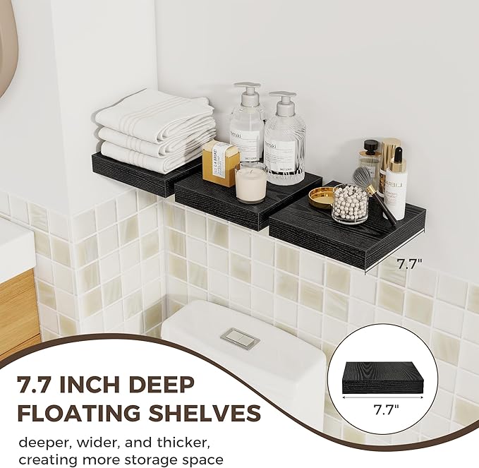 Fun Memories Small Floating Shelves for Wall - 8 Inch Square Wall Shelves with Invisible Brackets, Black Shelves for Bathroom