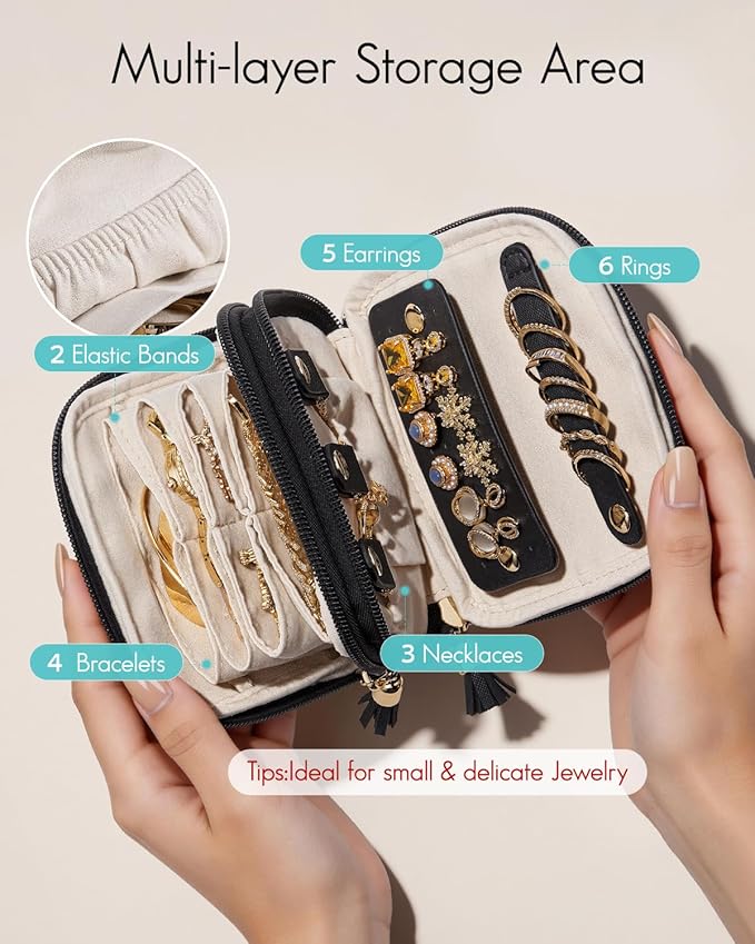 VLANDO Travel Jewelry Case,2-Layer Jewelry Organizer for Travel,Mothers Day Mom Gifts,Multi-Compartment Jewelry Storage for R