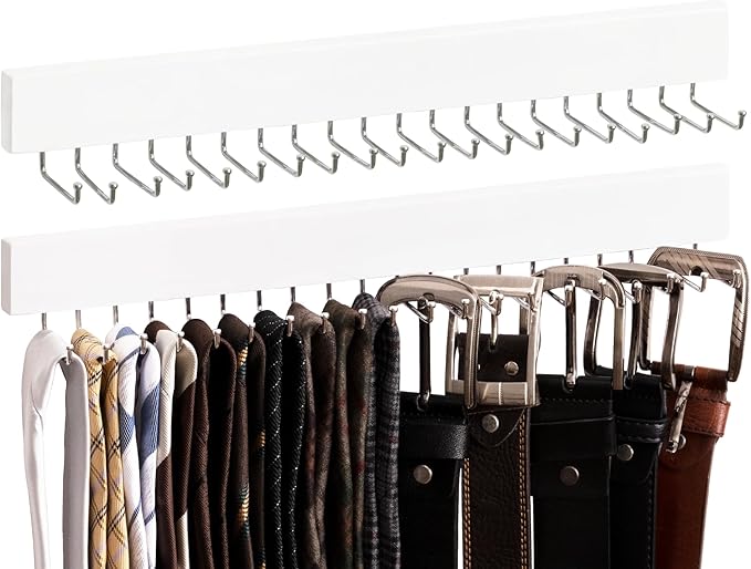 StorageWorks Tie Rack with 20 Hooks, 2-Pack Wall-Mounted Wooden Hangers for Neckties, Belts, Hats, White