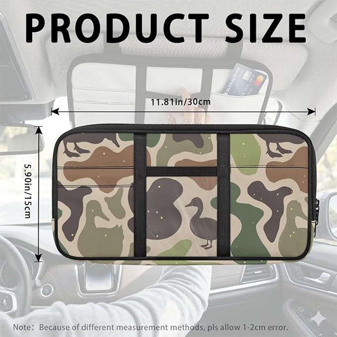 Ducks Camo Car Visor Organizer Keep Tidy Car Sun Visor Storage Bag with Big Zipper Pocket Card Holder Universal Fit for Most Cars SUV