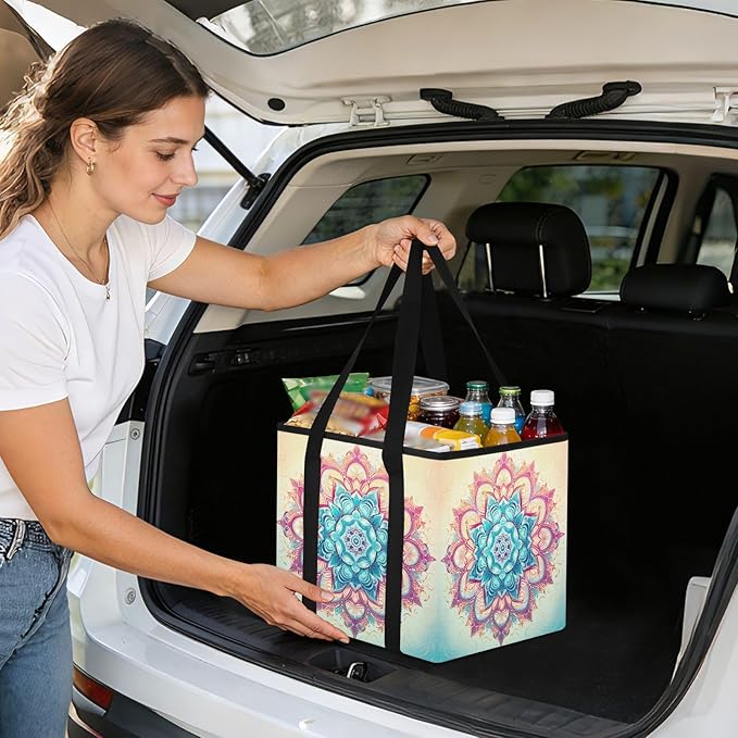 Mandala Reusable Grocery Bags Large Shopping Tote Bag with Reinforced Bottom Board, Water Resistant Foldable Storage Bags for