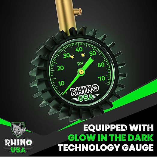 Rhino USA Heavy Duty Tire Pressure Gauge (0-75 PSI) - Certified ANSI B40.1 Accurate, Large 2" Easy Read Glow Dial, Premium Braided Hose, Solid Brass Hardware, Best for Any Car, Truck, Motorcycle, RV