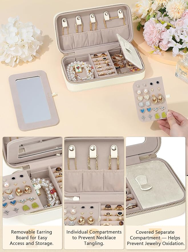 Travel Jewelry Case with Mirror, Quilted Small Jewelry Box Organizer for Women Girls, Portable Earring Necklace Bracelet Ring