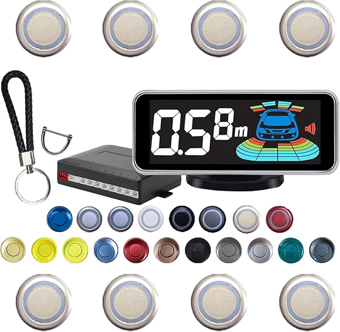 Backup Parktronic System Car Auto Vehicle Reverse with 8 Parking Sensors kit, LCD Display, Distance Detection (Meter/Foot Switchable), Buzzer Alarm and Voice Prompt Function(Champagne)