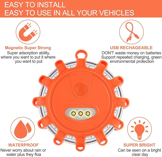 Tobfit 4 Pack Rechargeable LED Road Flares Roadside Emergency Car Kit, Emergency Lights for Vehicles Flashing Flare Beacon Di