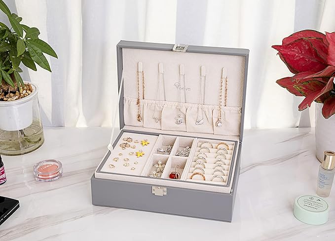 Voova Jewelry Box Organizer for Women Girls,2 Layer Large Men Jewelry Storage Case, PU Leather Display Jewellery Holder with 