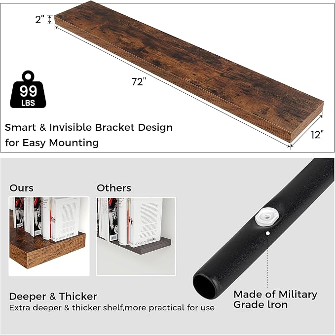 Floating Shelves for Wall, 72 Inch Wide x 12 Inch Deep Floating Shelves, Long Wood Floating Wall Shelf Shelves for Living Roo
