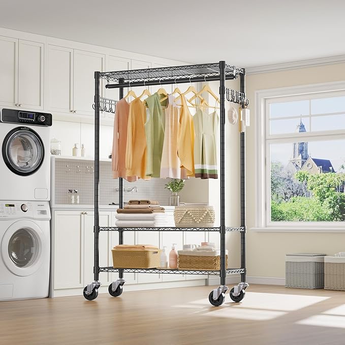 VIPEK R3 Heavy Duty Garment Rack with Lockable Wheels, Portable Rolling Closet with Adjustable Shelves & Hanging Rod & Side H