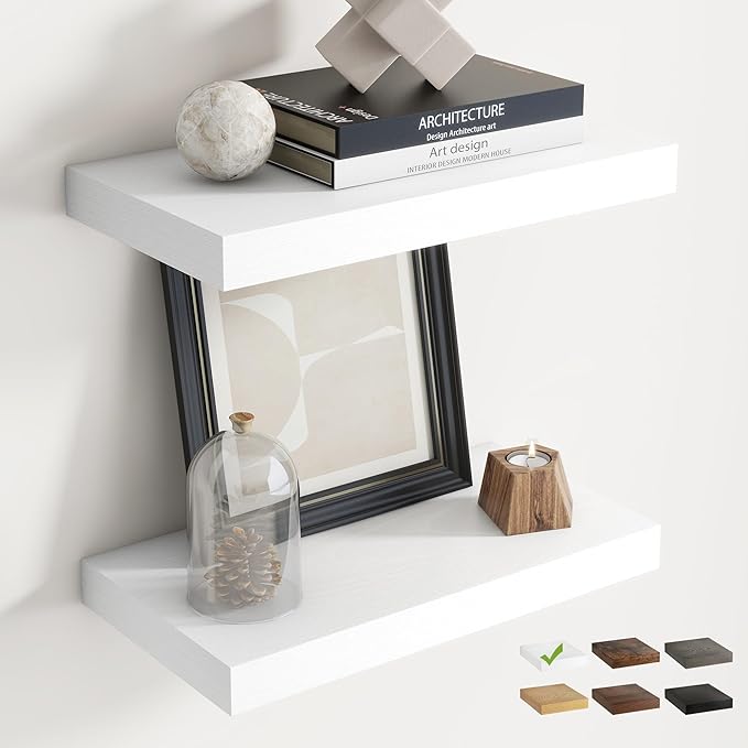16 Inch Floating Shelves for Wall Set of 2, 8"D Wood Grain Bathroom Shelves with Invisible Brackets, Easy Install Engineered 