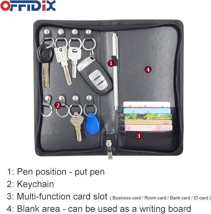 OFFIDIX PU Leather Portable Key Cabinet,8-Key Hooks Portable Zippered Key Case Menus Card Organizer Holder Business Padfolio 