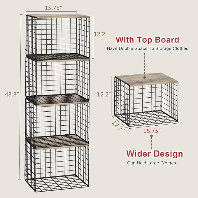 4PCS Wider Closet Organizers and Storage, Stackable Closet Shelf Organizer Storage Bins with Wood Top for Sweaters Jeans, Clo