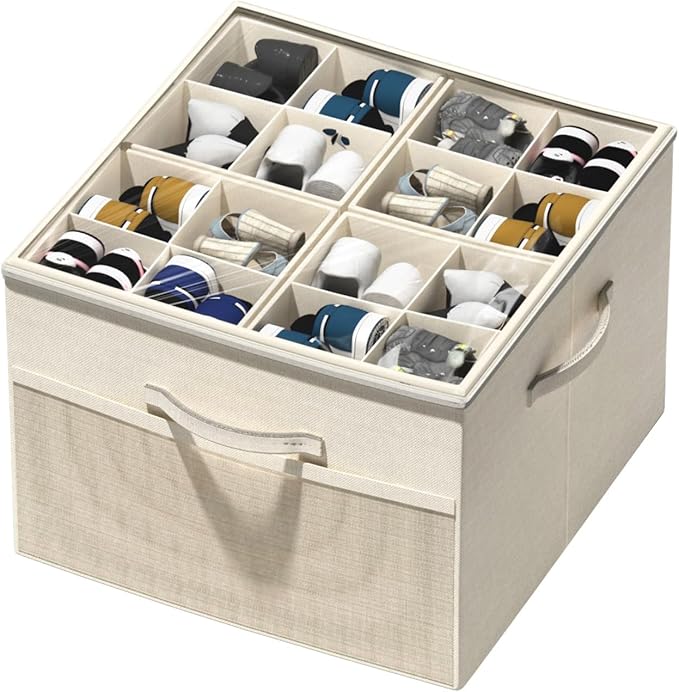 Aokeyee Shoe Organizer for Closet,Foldable Shoe Storage Organizer Box Bin with Adjustable Dividers and Clear Cover, Fits up t