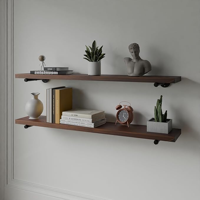 Industrial Pipe Wall Wood Shelves,Real Wooden Shelves 48" in Walnut Color with 1.2" Extra Thickness, Modern Floating Shevles