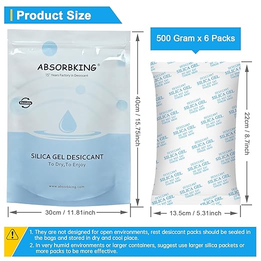 Desiccant Packs – 500 Gram 6 Packs Silica Packets for Moisture Control, Silica Gel Car Dehumidifier by Reusable, Large Moistu