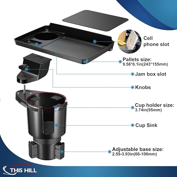 This Hill 2 Pack Cup Holder Tray for Car, 2 in 1 Detachable Car Food Table Tray with 3.93" Base & Phone Slot,Car Cup Holder E