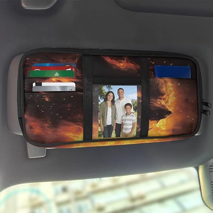 Wolf Car Sun Visor Organizer, Auto Interior Accessories Pocket Organizer Glasses Clip， Truck SUV Storage Pouch Holder with Double Zipper Pockets