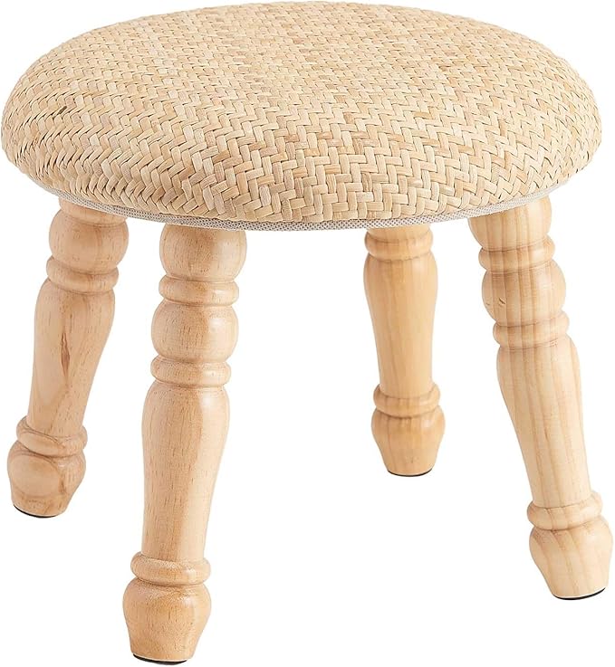 Solid Wood Wall Shelf 3-Tier,Round Foot Stool,Small Pouf Ottoman with Natural Rattan, Boho Footrest Wooden Stool for Couch,Ru