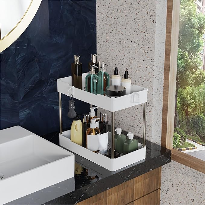 3 Pack Under Sink Organizers and Storage, 2 Tier Bathroom Cabinet Organizer Shelf with Hanging Cups for Kitchen & Bathroom (W