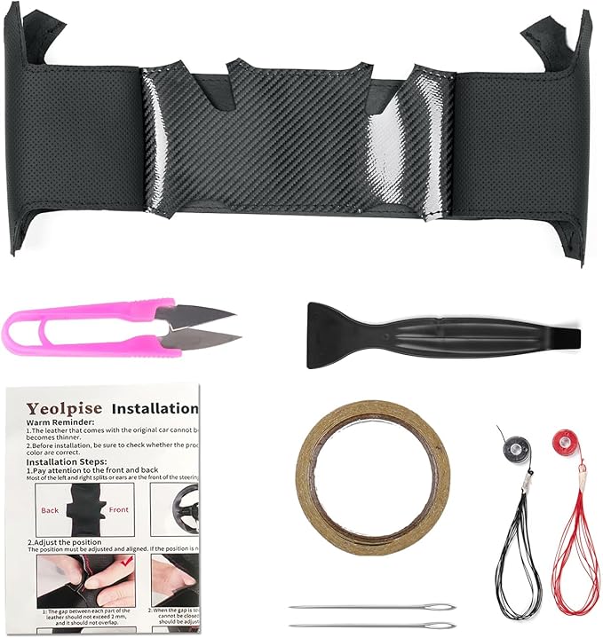 Hand-Stitch Steering Wheel Cover with Microfiber Leather & Carbon Fiber Leather Fit for Toyota Prius V 2012 2015/Prius C 2012 2015 2017/Prius 2010 2012/Prius Plus Prius Plug-in Hybrid 2013