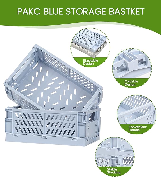 HUUSMOT 4-Pack Small Pastel Plastic Storage Baskets, Collapsible Crates for Organizing, Space-Saving Mini Bins for Classroom,