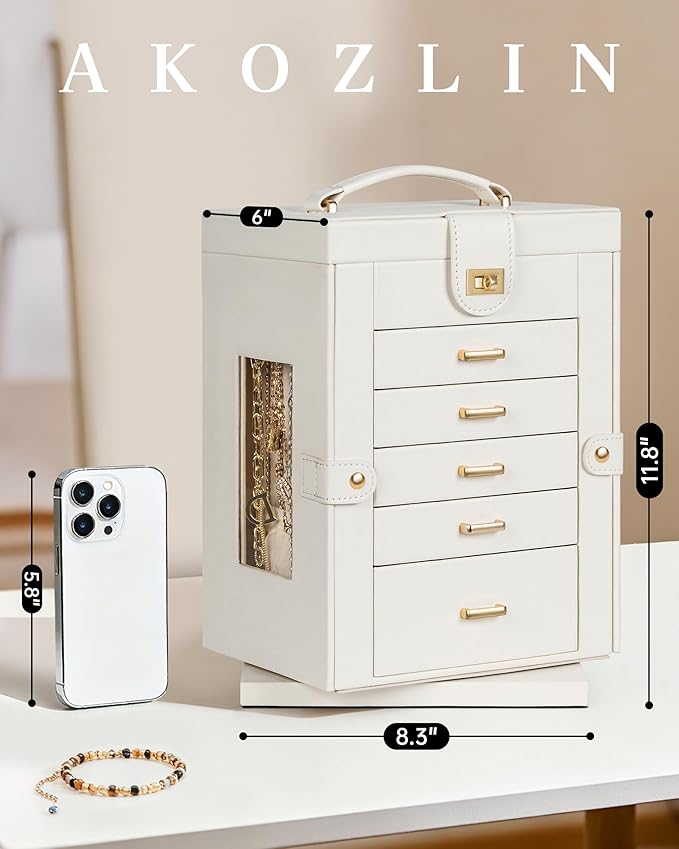 AKOZLIN Jewelry Box 6-Tier Organizer Functional 360° Rotating Jewelry Storage Case for Women Girls Ring Necklace Earring Brac