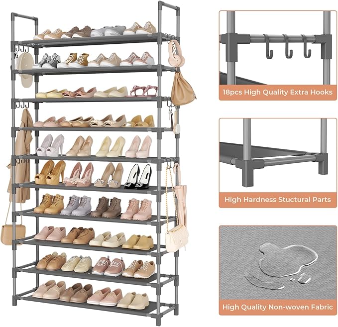 LANTEFUL Tall Shoe Rack 10 Tier Shoe Organizer Large Shoe Shelf with 18 Hooks Storage for 50 Pair Sneaker and Boot, Stackable