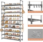 LANTEFUL Tall Shoe Rack 10 Tier Shoe Organizer Large Shoe Shelf with 18 Hooks Storage for 50 Pair Sneaker and Boot, Stackable