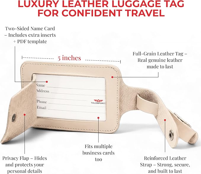 Genuine Leather Luggage Tag with Privacy Flap Set for Men Women Travel Easy with Suitcase Tags Identifiers (Nude, 2 Pack)