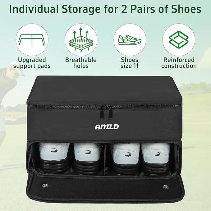 ANILD Golf Trunk Organizer, 2 Layer Golf Storage Case with Separate Ventilated Compartment for 2 Pair Shoes, for Balls, Tees,