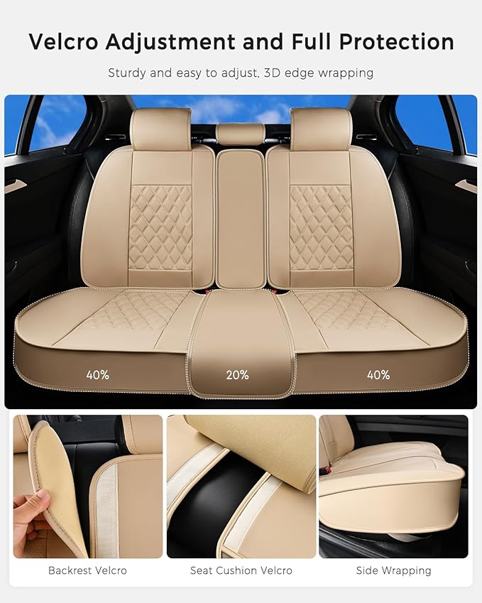 Huidasource Beige Rear Seat Cover, Nappa Leather Back Seat Cover Velcro Adjustable, Compatible with Armrests, Seat Belts, Chi