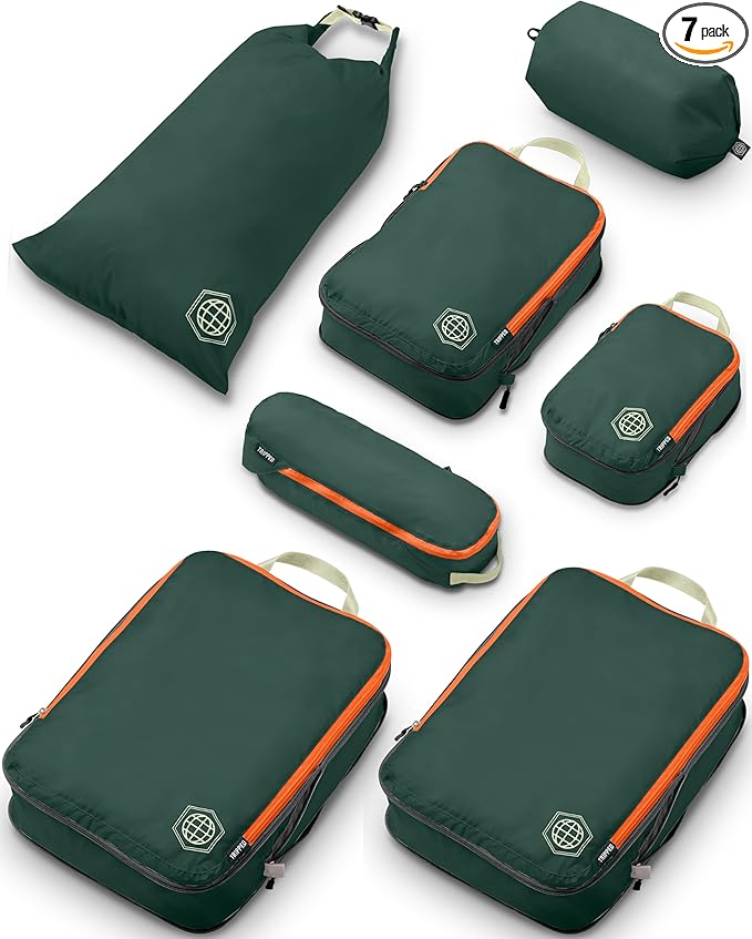 TRIPPED XL Compression Packing Cubes — 7-Piece Set for Checked Luggage | Extra-Large (15.7"×11"×4") + Large + Small + Tube + 