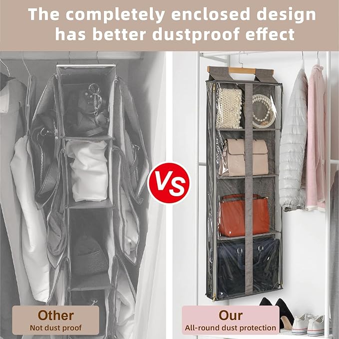 Clear Handbag Storage Organizer Dust Cover Bags-Over The Door Handbag Storage Organizer with Zippers 4 Grids Vesiable Fully E