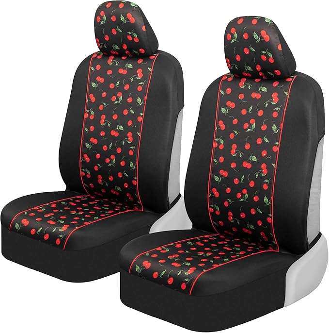 BDK Red Cherry Car Seat Covers for Front Seats, 2 Pack – Classic Pattern with Matching Headrest, Sideless Design for Easy Ins