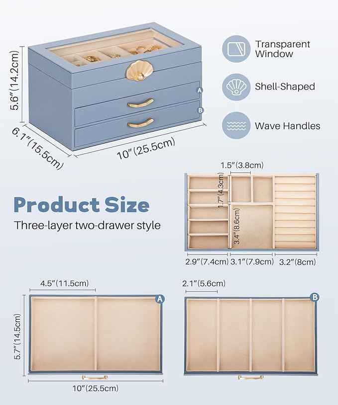 Enthralite Jewelry Box with 2 Drawers: Jewelry Display Organizer for Earrings Necklaces - Gifts for Girls Women (Grey Blue)
