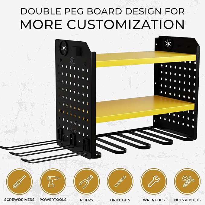 BUILTSTRONG Power Tool Organizer - 6 Drill Holder Wall Mount, 3 Tier Heavy-Duty Hand Storage Rack, Utility Racks, 2 Pegboard 
