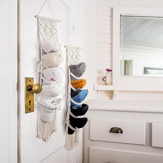 jontell Ball Cap Hanger-2 Pack-Boho Macrame Cap Holder Wall Hat Organizer for Baseball Cap Holder Over Door, Hat Rack for Wal